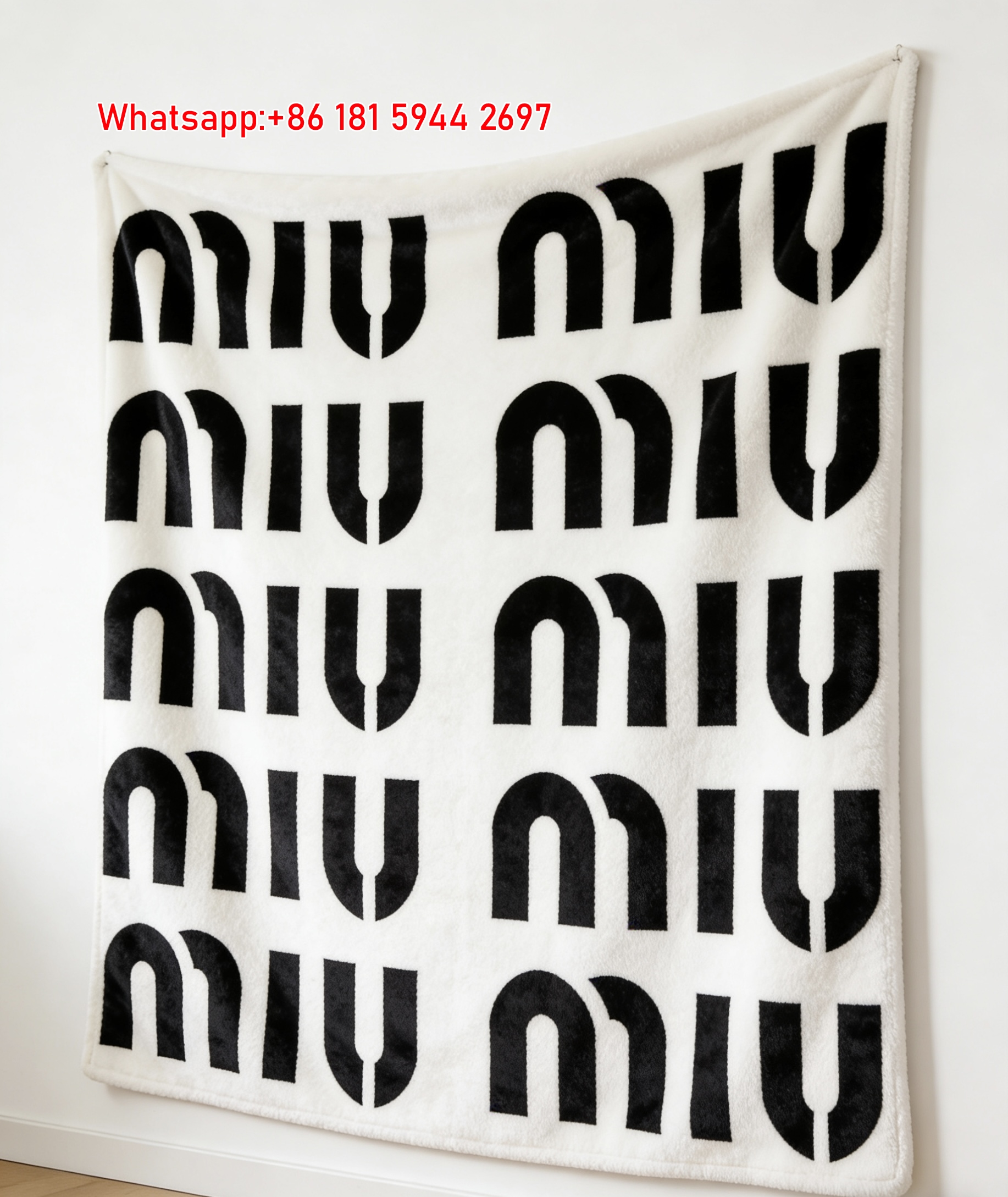Miu Miu Black Logo Grid Print Flannel Throw Blanket IMG_0410